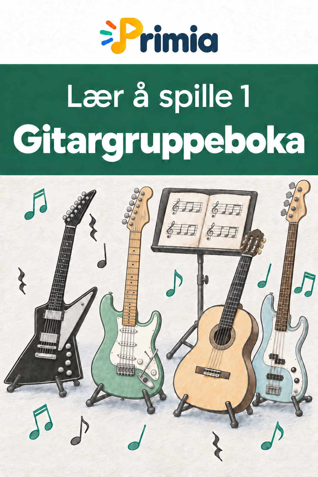 Omslaget til Gitargruppeboka med gitarer og bass